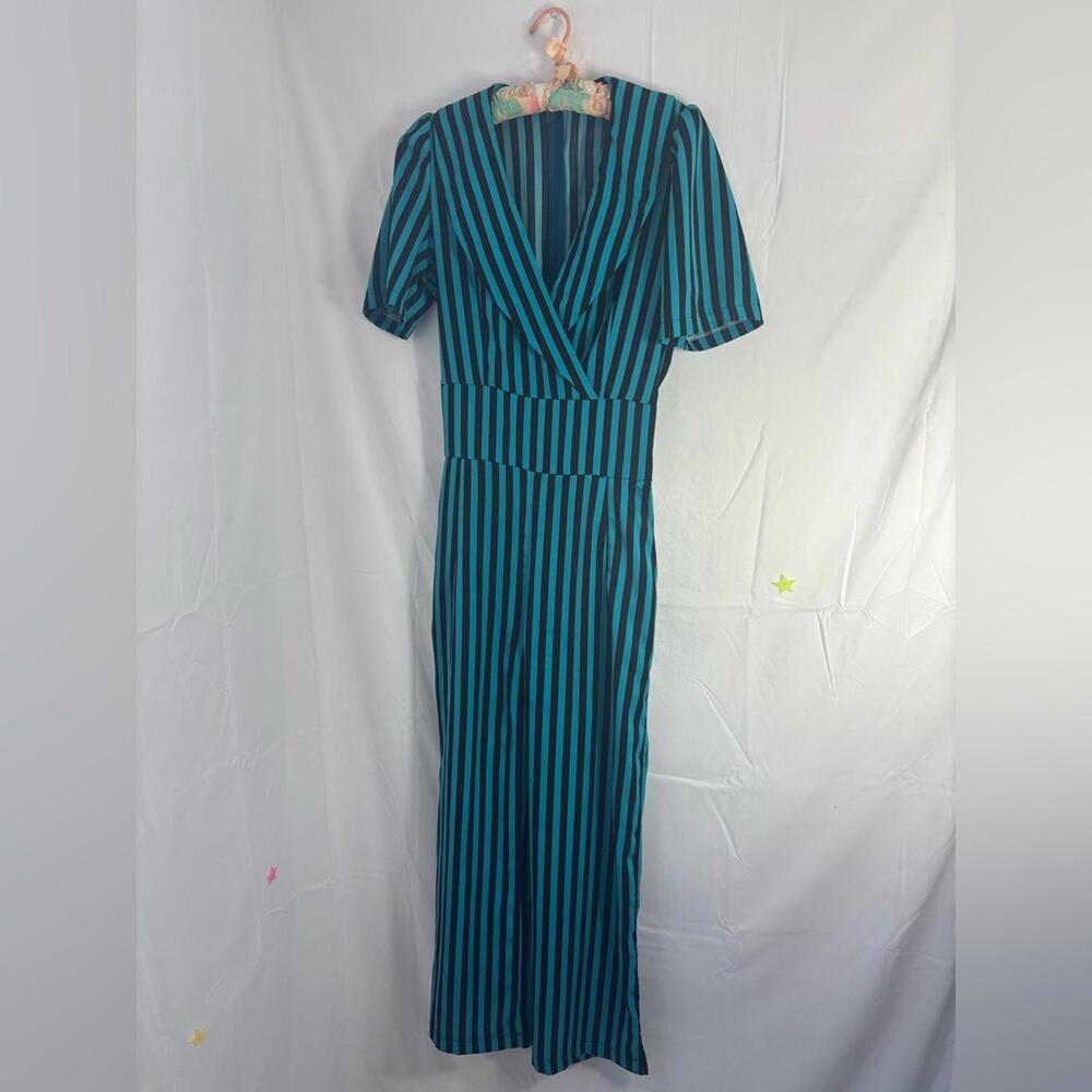 Striped Turquoise+Black Wide Leg Collar Slight Puff Sleeve Retro Jumpsuit Size M - Picture 2 of 9